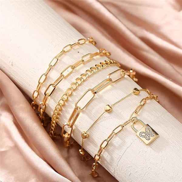 Stunning Gold Bracelet Layered Set | Chic Butterfly Lock Charm Jewelry