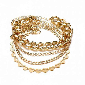 Stunning Gold Bracelet Set with Layered Link Style & Chic Heart Charm
