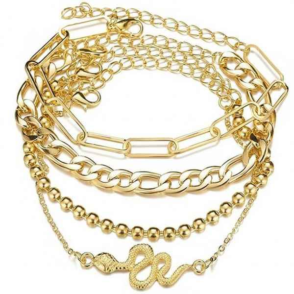 Stunning Gold Bracelet Layered Set | Chic Snake Charm & Link Chains
