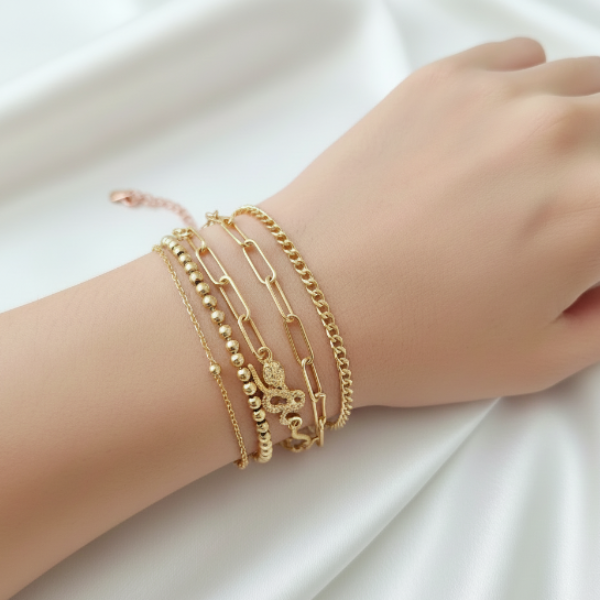 Stunning Gold Bracelet Layered Set | Chic Snake Charm & Link Chains