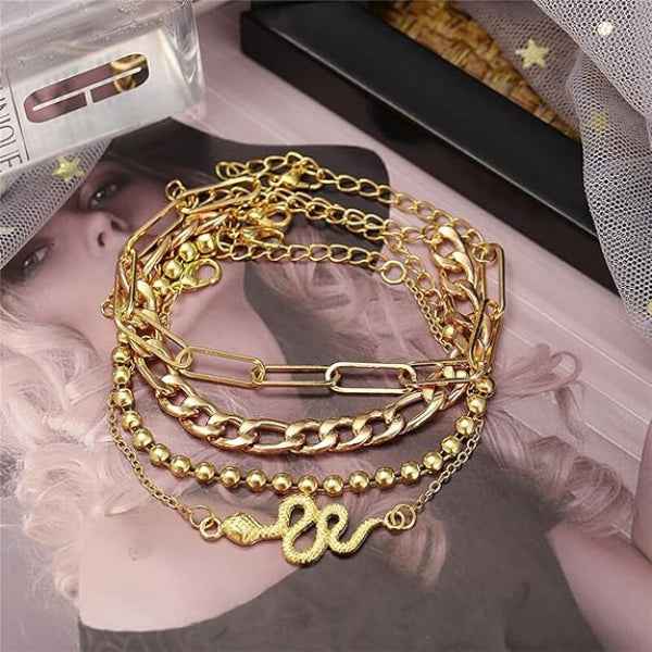 Stunning Gold Bracelet Layered Set | Chic Snake Charm & Link Chains