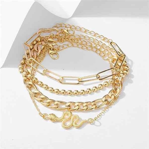 Stunning Gold Bracelet Layered Set | Chic Snake Charm & Link Chains