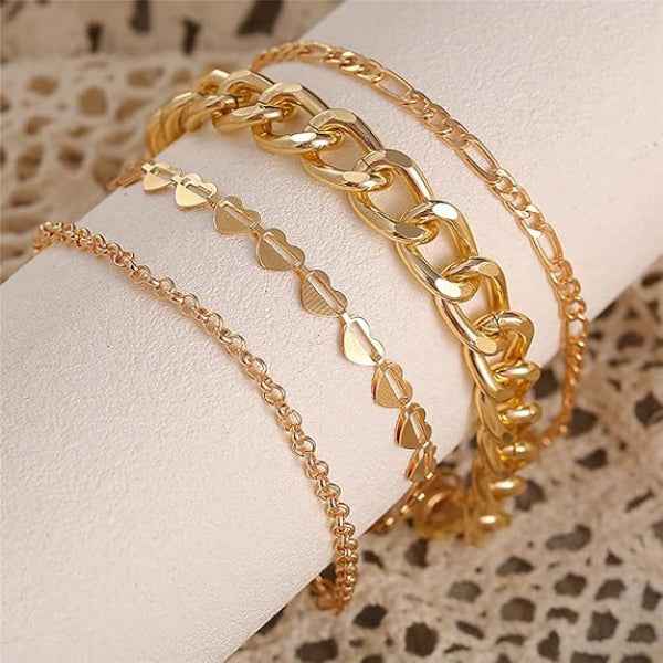 Stunning Gold Bracelet Set with Layered Link Style & Chic Heart Charm