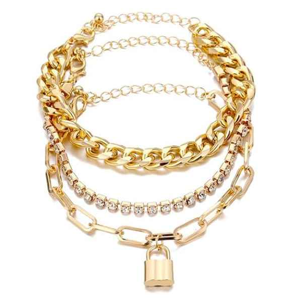 Stunning Gold Bracelet Layered Set | Chic Padlock Charm Link Jewelry