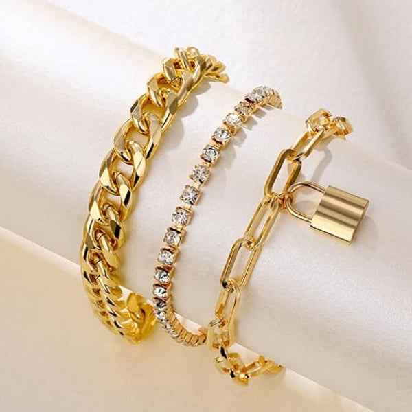 Stunning Gold Bracelet Layered Set | Chic Padlock Charm Link Jewelry