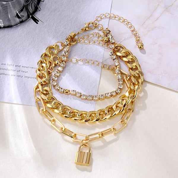 Stunning Gold Bracelet Layered Set | Chic Padlock Charm Link Jewelry