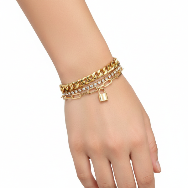Stunning Gold Bracelet Layered Set | Chic Padlock Charm Link Jewelry