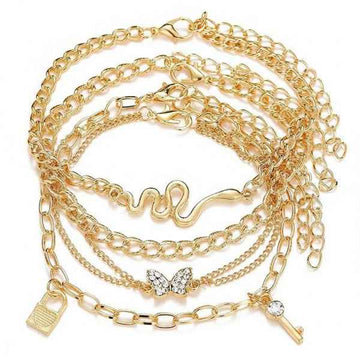 Gold Butterfly Bracelet Set with Snake and Lock Charms – 5-Piece Set