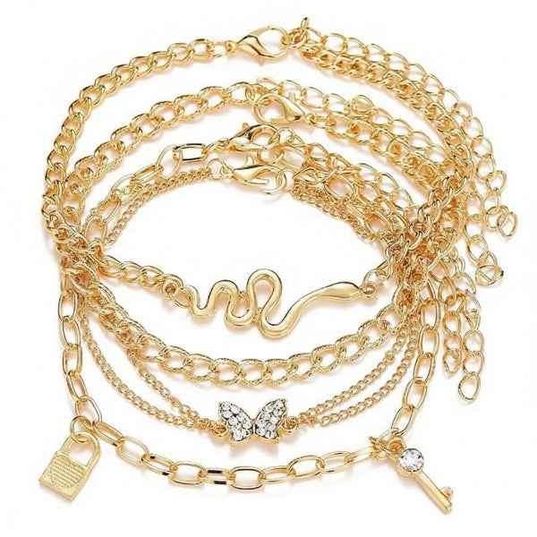 Gold Butterfly Bracelet Set with Snake and Lock Charms – 5-Piece Set