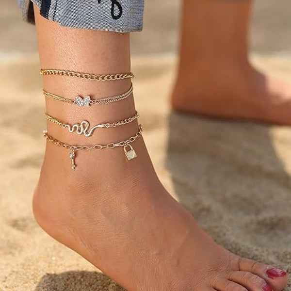 Gold Butterfly Bracelet Set with Snake and Lock Charms – 5-Piece Set