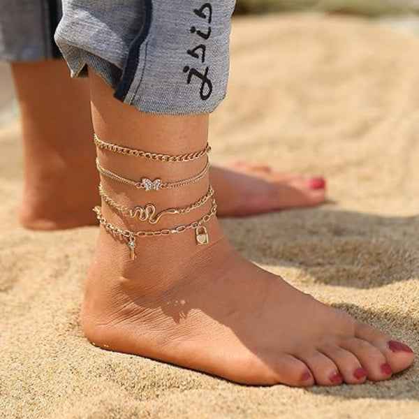 Gold Butterfly Bracelet Set with Snake and Lock Charms – 5-Piece Set