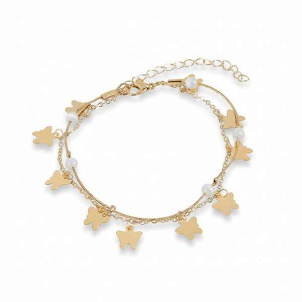Dainty Gold Butterfly Charm Anklet - Double Layer Boho Foot Jewelry