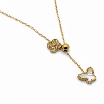 Chic Gold Butterfly and Clover Lariat Necklace | Mother of Pearl Jewelry