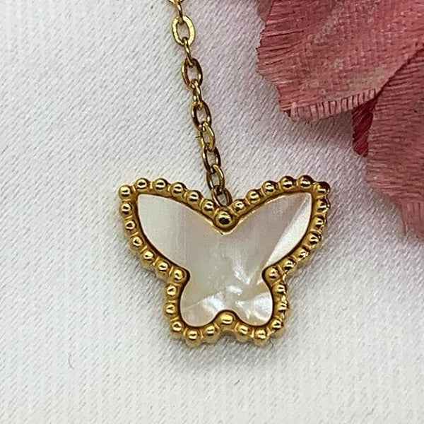 Chic Gold Butterfly and Clover Lariat Necklace | Mother of Pearl Jewelry