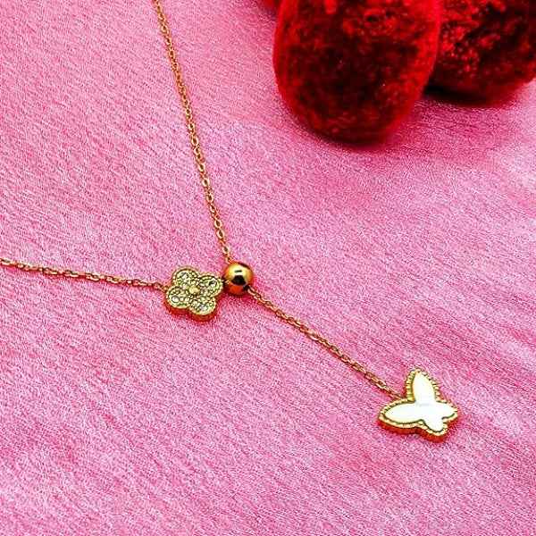 Chic Gold Butterfly and Clover Lariat Necklace | Mother of Pearl Jewelry