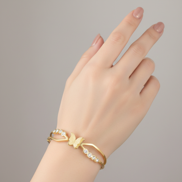 Gold Butterfly Crystal Bangle: Dainty Sparkly Statement Bracelet