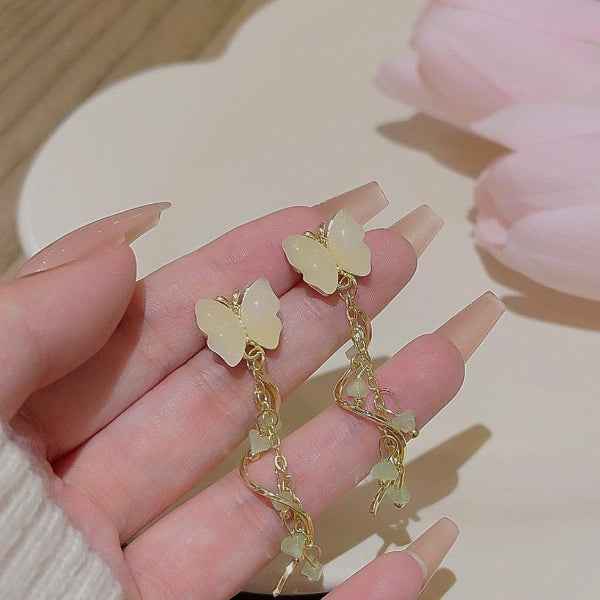 Gold Butterfly Dangle Earrings | Dainty Long Tassel Drop Jewelry Gift