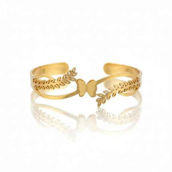 Gold Butterfly Leaf Cuff: Nature-Inspired Open Branch Bangle for Women