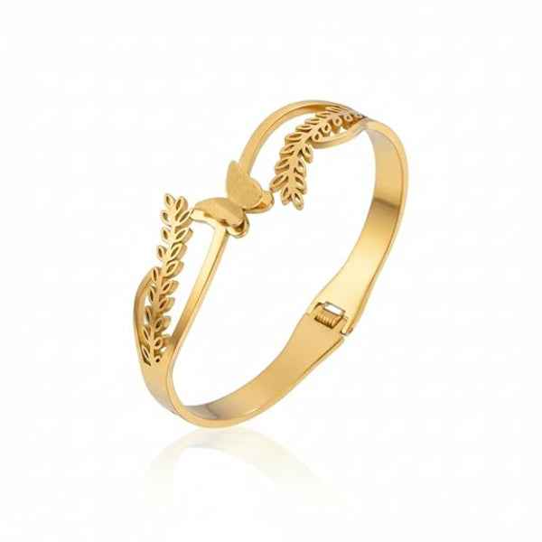 Gold Butterfly Leaf Cuff: Nature-Inspired Open Branch Bangle for Women
