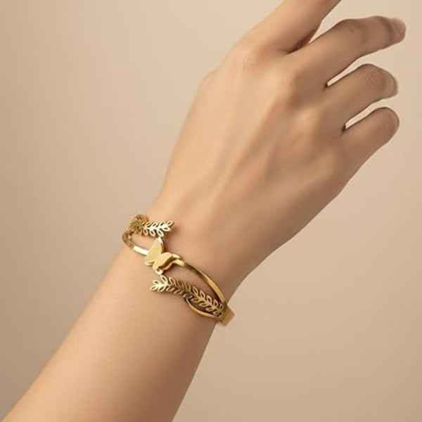 Gold Butterfly Leaf Cuff: Nature-Inspired Open Branch Bangle for Women