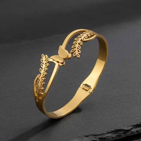 Gold Butterfly Leaf Cuff: Nature-Inspired Open Branch Bangle for Women