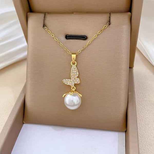Gold Butterfly Necklace | White Pearl Pendant 14K Vermeil Gift for Her