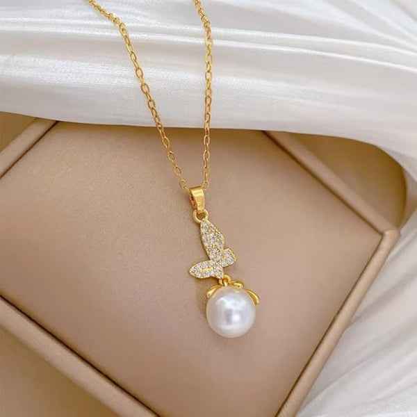Gold Butterfly Necklace | White Pearl Pendant 14K Vermeil Gift for Her