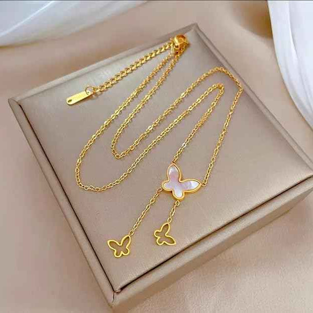 Gold Butterfly Pendant Necklace: Dainty Mother of Pearl Jewelry