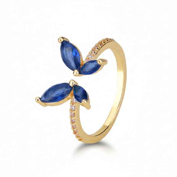 Gold Butterfly Ring: Blue Crystal Band Adjustable Sparkly Ring for Her