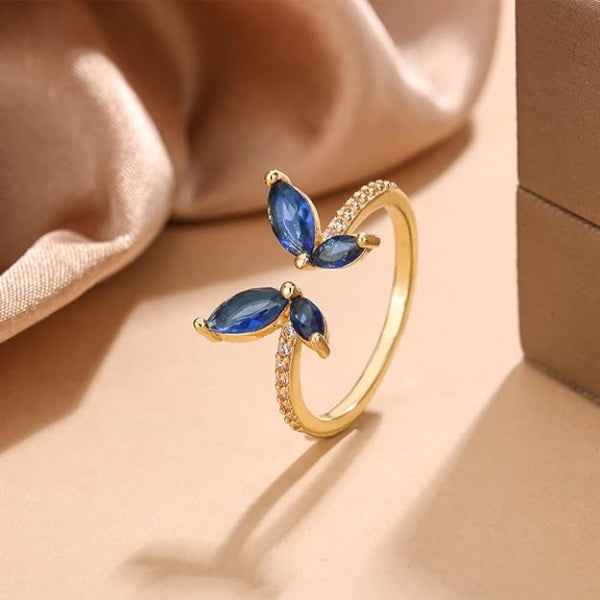 Gold Butterfly Ring: Blue Crystal Band Adjustable Sparkly Ring for Her