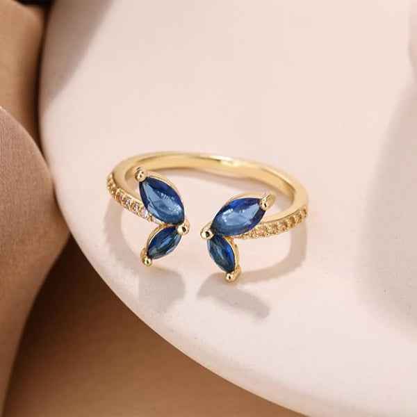 Gold Butterfly Ring: Blue Crystal Band Adjustable Sparkly Ring for Her
