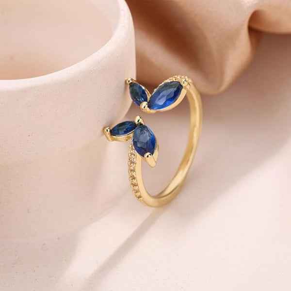 Gold Butterfly Ring: Blue Crystal Band Adjustable Sparkly Ring for Her