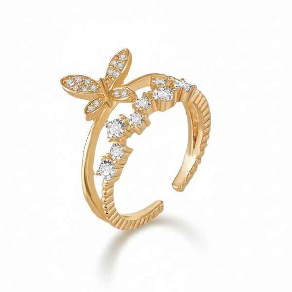 Gold Butterfly Ring: Adjustable Crystal Band for a Whimsical Look
