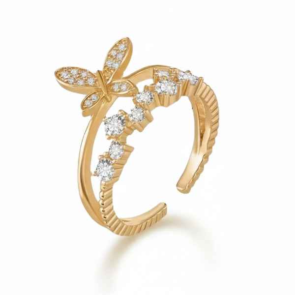 Gold Butterfly Ring - Shimmering Crystal Open Adjustable Statement Ring