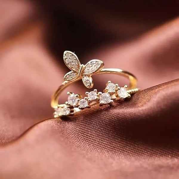 Gold Butterfly Ring - Shimmering Crystal Open Adjustable Statement Ring
