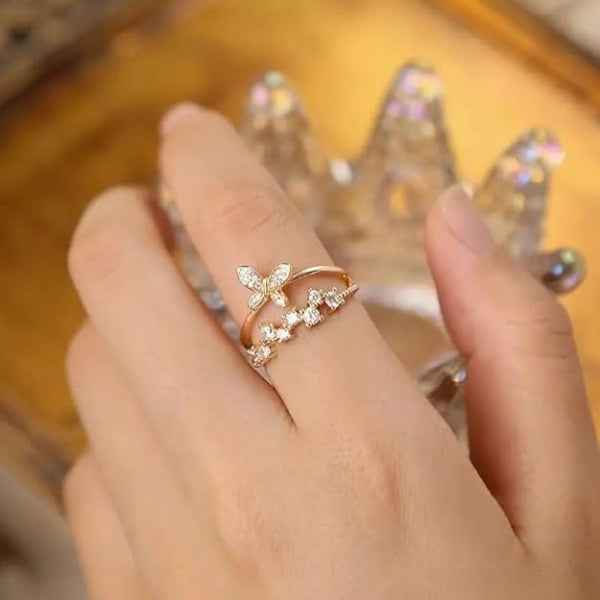 Gold Butterfly Ring - Shimmering Crystal Open Adjustable Statement Ring