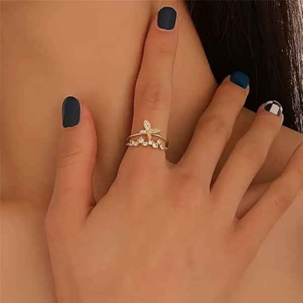 Gold Butterfly Ring - Shimmering Crystal Open Adjustable Statement Ring