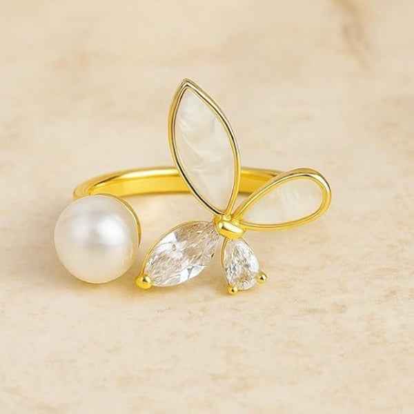 Gold Butterfly Ring - Dainty Pearl & Crystal Statement Jewelry for Her