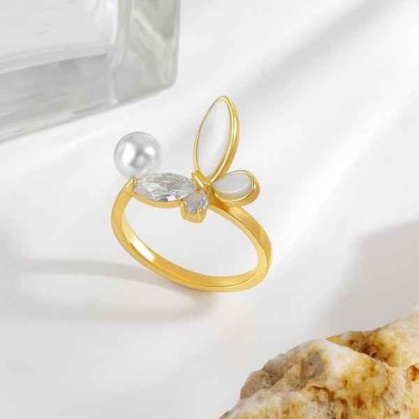 Gold Butterfly Ring - Dainty Pearl & Crystal Statement Jewelry for Her