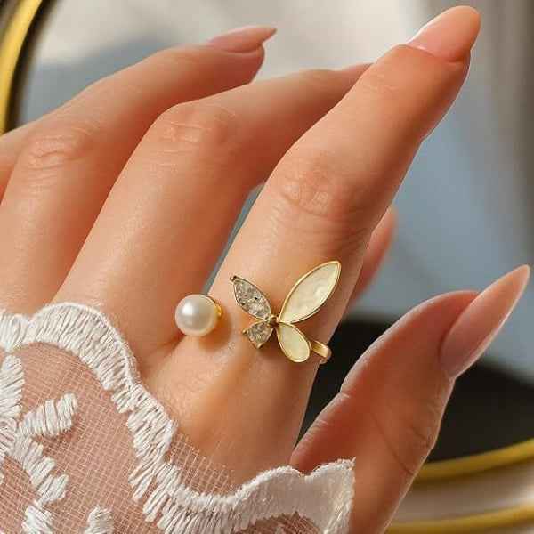 Gold Butterfly Ring - Dainty Pearl & Crystal Statement Jewelry for Her