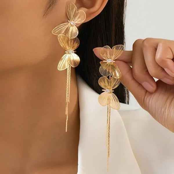 Gold Butterfly Tassel Earrings | Dainty Long Drop Filigree Jewelry