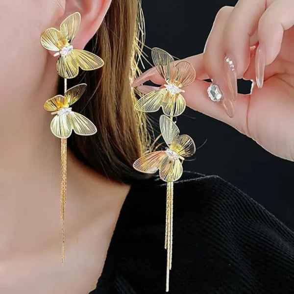 Gold Butterfly Tassel Earrings | Dainty Long Drop Filigree Jewelry