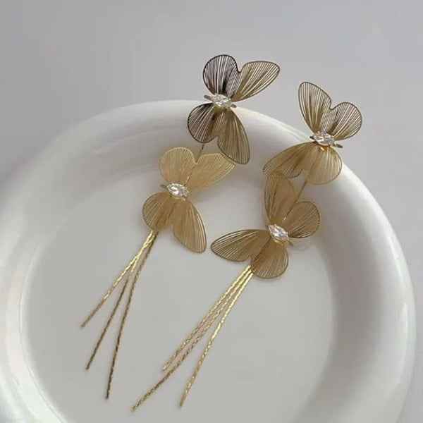 Gold Butterfly Tassel Earrings | Dainty Long Drop Filigree Jewelry