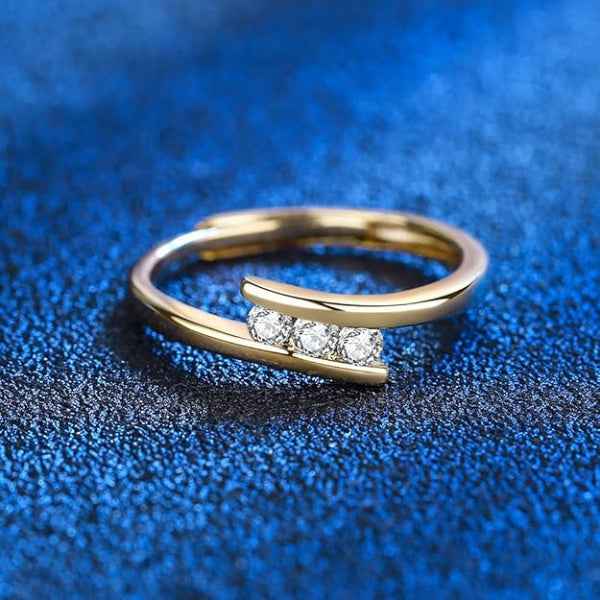 Gold Bypass Ring - Shimmering Three Stone Adjustable Promise Ring