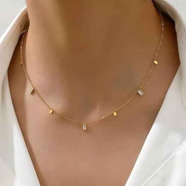 Gold Charm Necklace: Baguette Diamond Pendant Minimalist Gold Jewelry