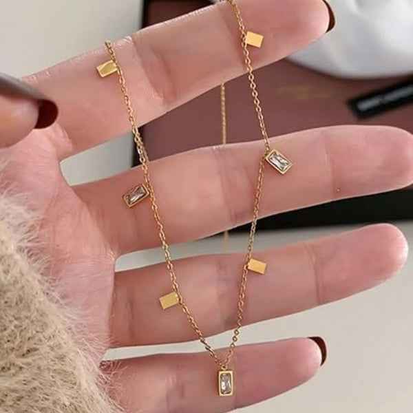 Gold Charm Necklace: Baguette Diamond Pendant Minimalist Gold Jewelry