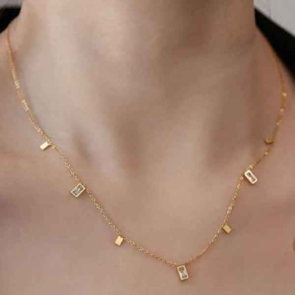 Gold Charm Necklace: Baguette Diamond Pendant Minimalist Gold Jewelry