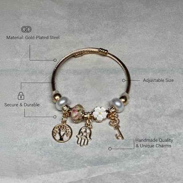 Gold Charm Bracelet for Women - Tree of Life & Hamsa Hand Bangle