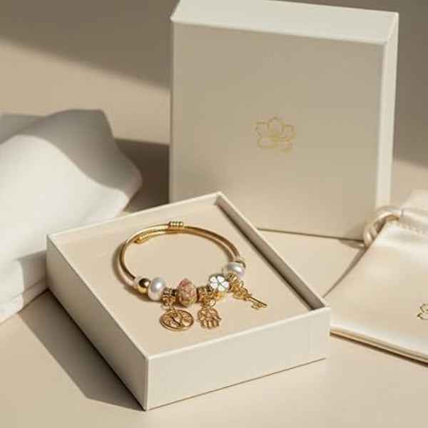 Gold Charm Bracelet for Women - Tree of Life & Hamsa Hand Bangle