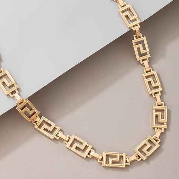 Gold Choker Necklace - Shimmering Greek Key Link Statement Chain
